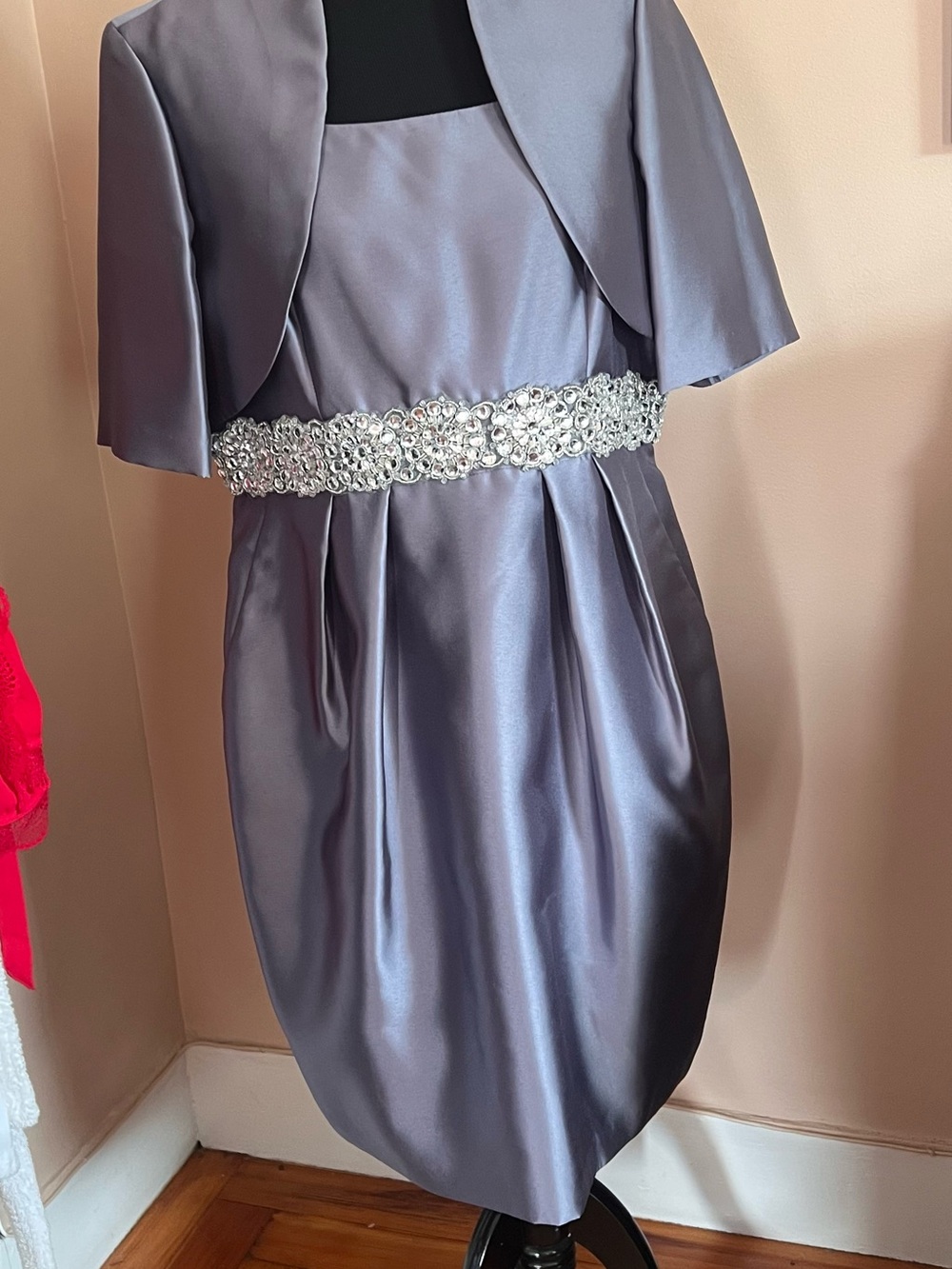 Alex Evenings Silver-Lavender Satin Two-Piece Wedding Dress with Jeweled Waist